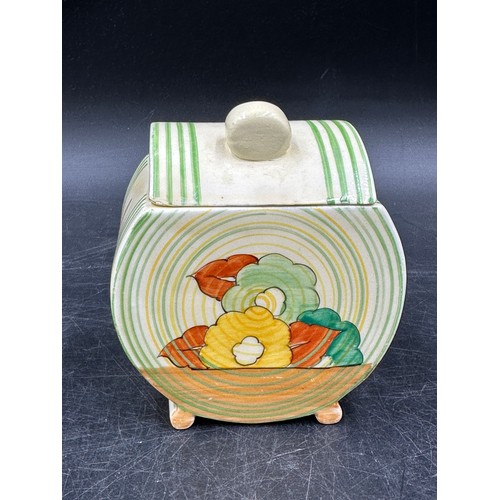 113 - Clarice Cliff Bizarre range hand-painted Biarritz design preserve pot and cover, approx 10cm h.