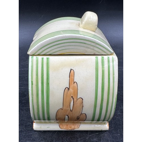 113 - Clarice Cliff Bizarre range hand-painted Biarritz design preserve pot and cover, approx 10cm h.