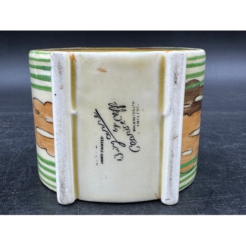 113 - Clarice Cliff Bizarre range hand-painted Biarritz design preserve pot and cover, approx 10cm h.