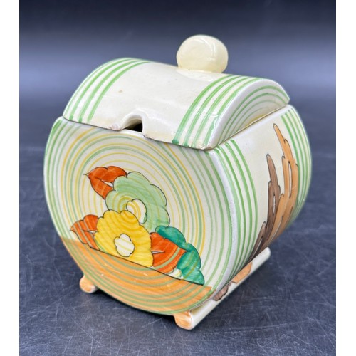 113 - Clarice Cliff Bizarre range hand-painted Biarritz design preserve pot and cover, approx 10cm h.