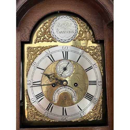 1260 - A brass faced long case clock by Robert Poll Harleston 221cm h x 45cm w.