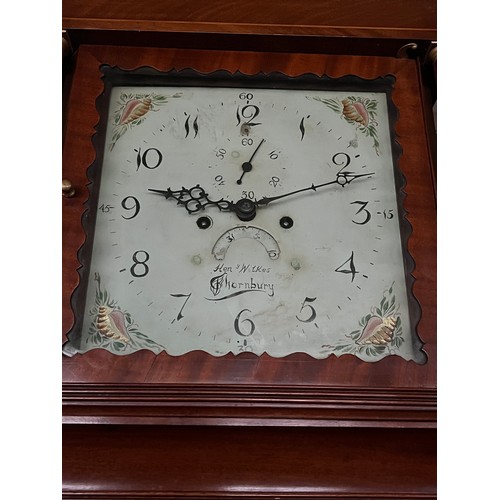 1261 - A 19thC mahogany longcase clock with painted face by Henry Wilkes Thornbury. 224cm h x 34cm w.