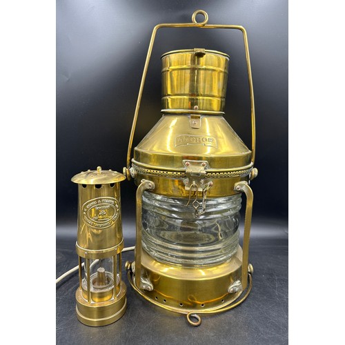 1231 - A 1950's Anchor brass and copper oil burning shipping lantern converted to a lamp. Height to top of ... 