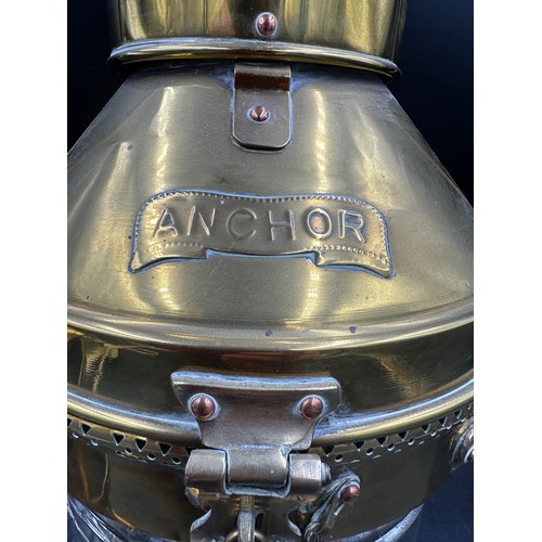 1231 - A 1950's Anchor brass and copper oil burning shipping lantern converted to a lamp. Height to top of ... 