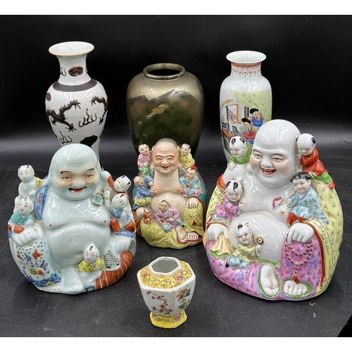 1158 - Oriental items to include three Chinese porcelain Buddhas with children, three vases to include mixe... 