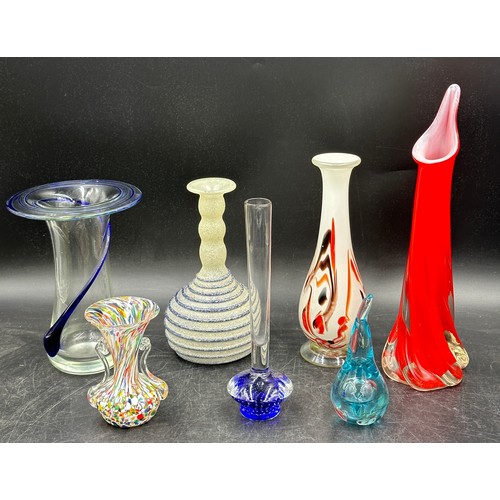 307 - An assortment of glass to include a 19thC Bristol blue jug 14cm h, and various mid century glass: a ... 