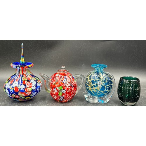 307 - An assortment of glass to include a 19thC Bristol blue jug 14cm h, and various mid century glass: a ... 