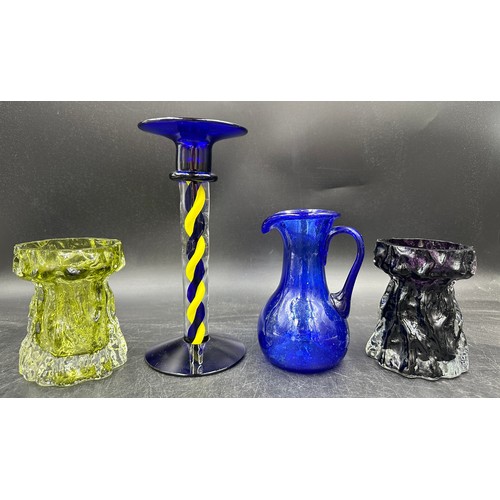 307 - An assortment of glass to include a 19thC Bristol blue jug 14cm h, and various mid century glass: a ... 