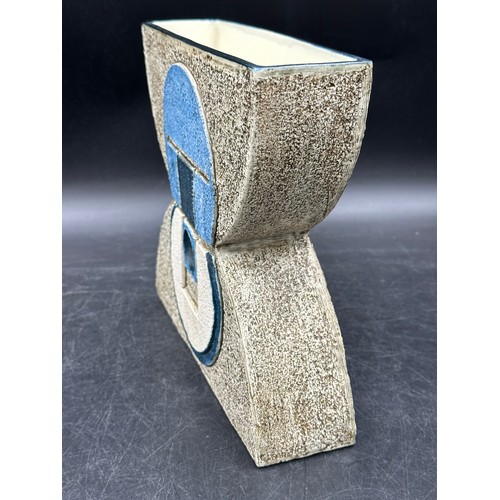 184 - Troika anvil vase glazed blues/greys approx 22cm h, different patterns to sides, Troika Cornwall to ... 