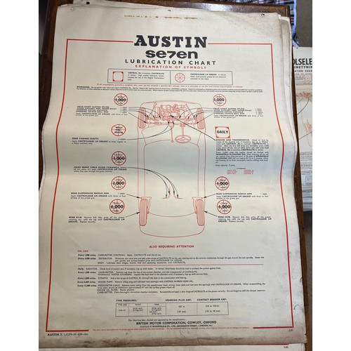 1142 - Thirty one vintage car lubrication charts to include Wolseley, Morris, MG 1100, Morris 1100, Vauxhal... 