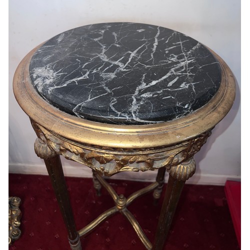 82 - Circular gilt table with marble top. 80cm h x 46cm d.