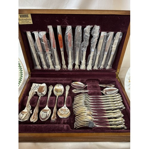 1313 - A kitchen miscellany to include a Viners 'Buckingham' cased canteen of silver plated cutlery, six pl... 