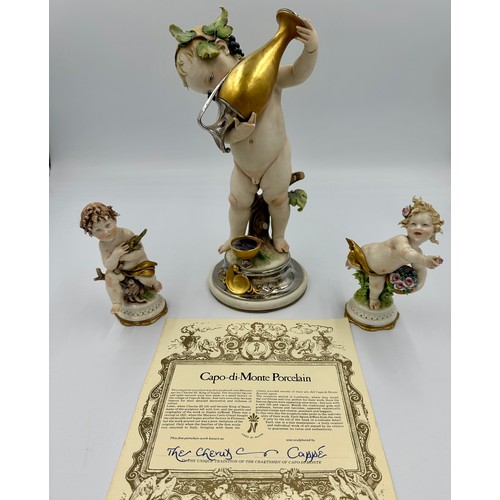 146 - Three Capodimonte Putti, the largest by Gelle, approx 28.5cm h, the other two approx 15cm h.