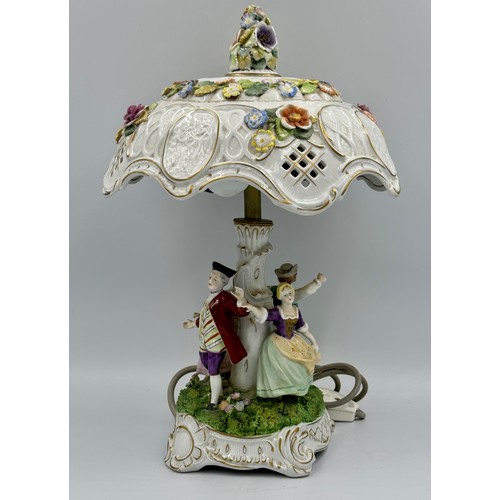 153 - Capodimonte table lamp with four figures to base approx 43cm h, mark to base.