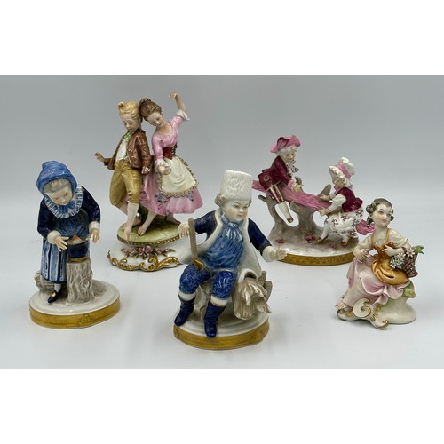 162 - Capodimonte - 5 figurines of children and young couples, tallest approx 21cm h