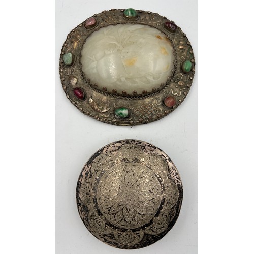 1152 - Eastern/oriental white metal comprising mirror set with carved jade and gemstones 12cm x 11cm and a ...