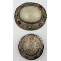 Eastern/oriental white metal comprising mirror set with carved jade and gemstones 12cm x 11cm and a ... 