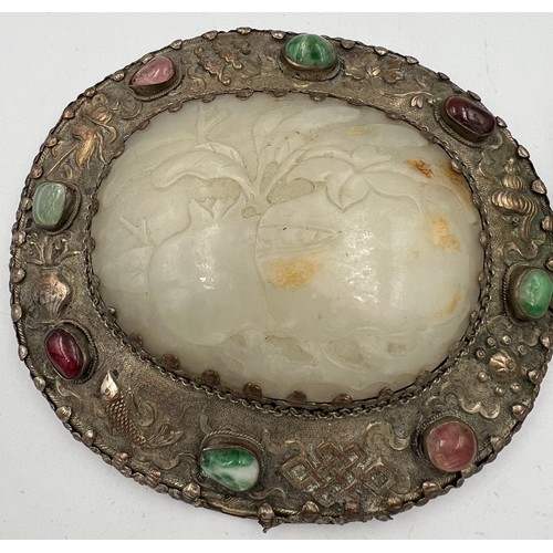 1152 - Eastern/oriental white metal comprising mirror set with carved jade and gemstones 12cm x 11cm and a ... 