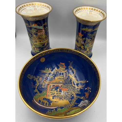 257 - Carlton Ware pair of blue and gilt decorated vases and a bowl, 17cm d.