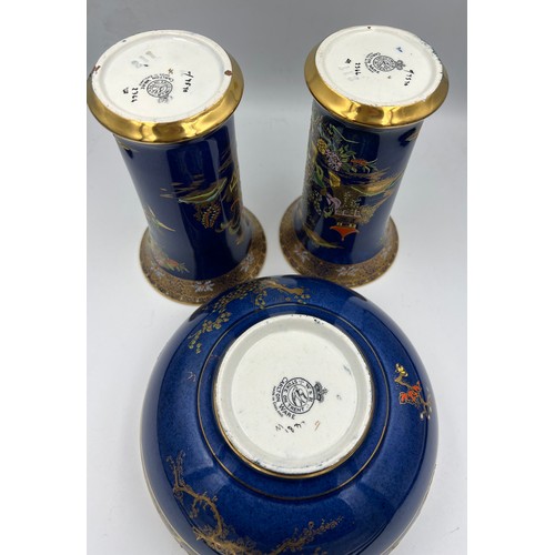 257 - Carlton Ware pair of blue and gilt decorated vases and a bowl, 17cm d.