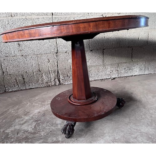 35 - A 19thC circular mahogany tilt top table on central pedestal and claw feet.