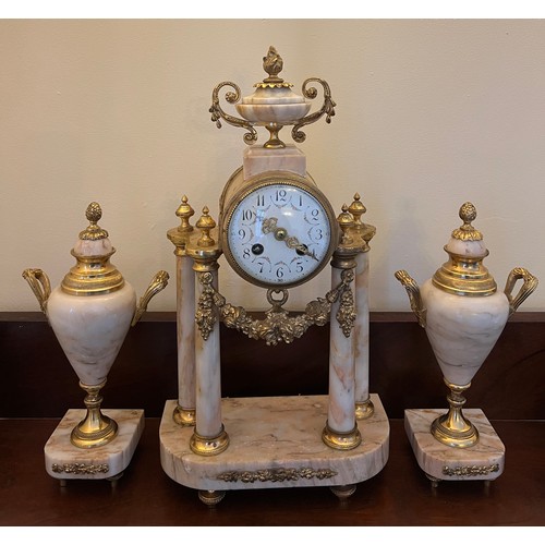 1270 - A late 19thC French marble and ormolu mounted clock garniture. Clock 43cm h.