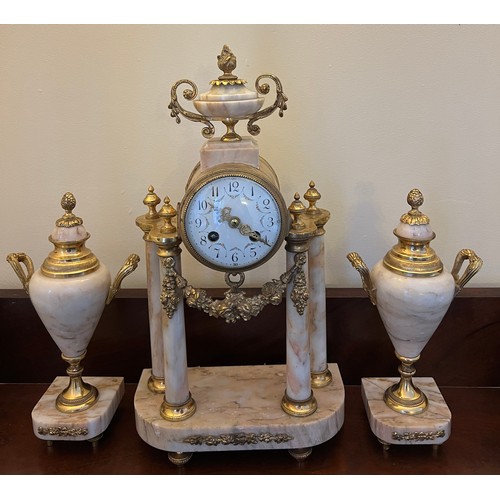 1270 - A late 19thC French marble and ormolu mounted clock garniture. Clock 43cm h.