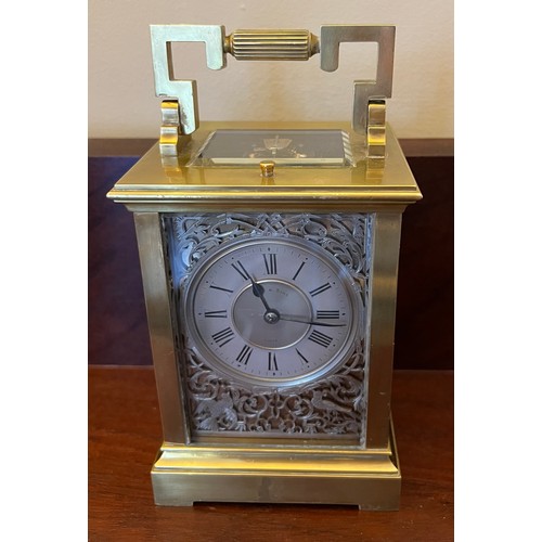 1272 - Brass carriage clock with visible escapement, silver filigree decoration and repeater mechanism. Dia... 