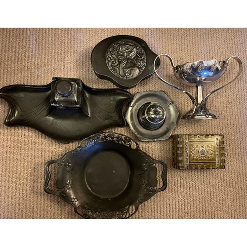 1177 - Metalware to include W.M.F bonbon stand, Orivit pewter poppy inkwell, Art Nouveau pewter jewellery b... 