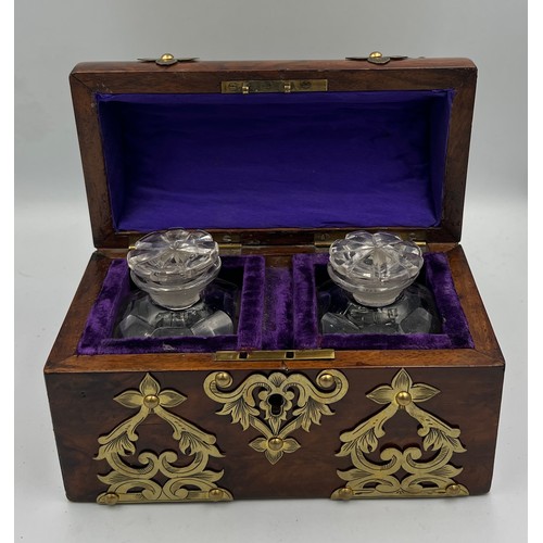 1174 - Victorian burr walnut brass bound domed topped casket containing two glass scent bottles and stopper... 