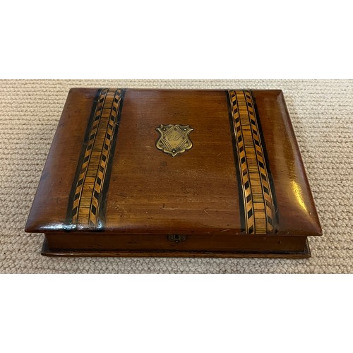 1175 - A 19thC mahogany book shaped writing/stationary box inlaid with Tunbridge ware bands. 26cm x 19cm x ... 