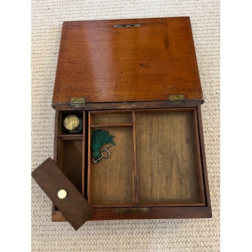 1175 - A 19thC mahogany book shaped writing/stationary box inlaid with Tunbridge ware bands. 26cm x 19cm x ... 