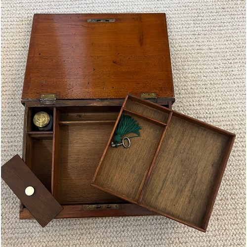 1175 - A 19thC mahogany book shaped writing/stationary box inlaid with Tunbridge ware bands. 26cm x 19cm x ... 