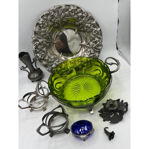 1186 - WMF to include footed plated dish 28cm d, two pewter beaker holders, pewter fruit bowl with green gl... 