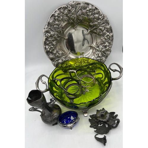 1186 - WMF to include footed plated dish 28cm d, two pewter beaker holders, pewter fruit bowl with green gl... 