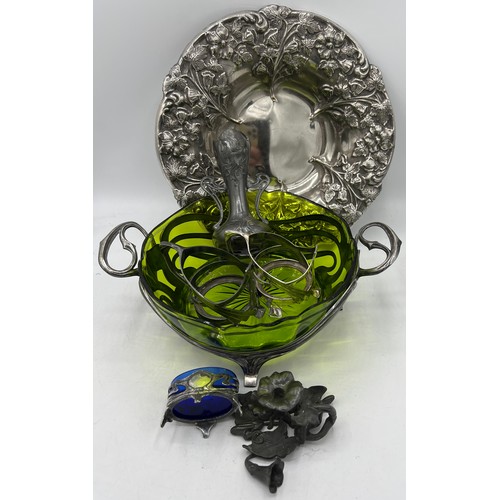 1186 - WMF to include footed plated dish 28cm d, two pewter beaker holders, pewter fruit bowl with green gl... 