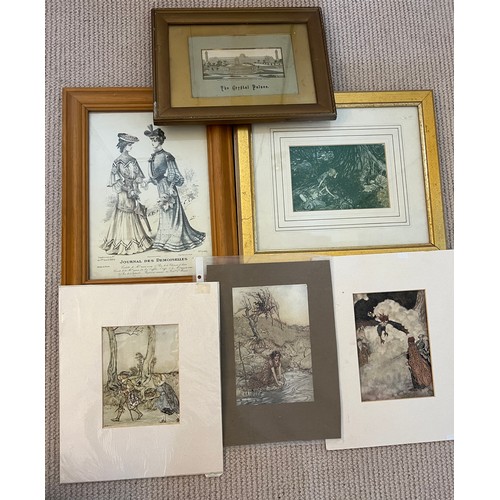 1385 - Three Arthur Rackham prints, one framed Arthur Rackham print, one framed fashion print and a framed ... 