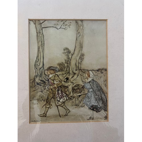 1385 - Three Arthur Rackham prints, one framed Arthur Rackham print, one framed fashion print and a framed ... 