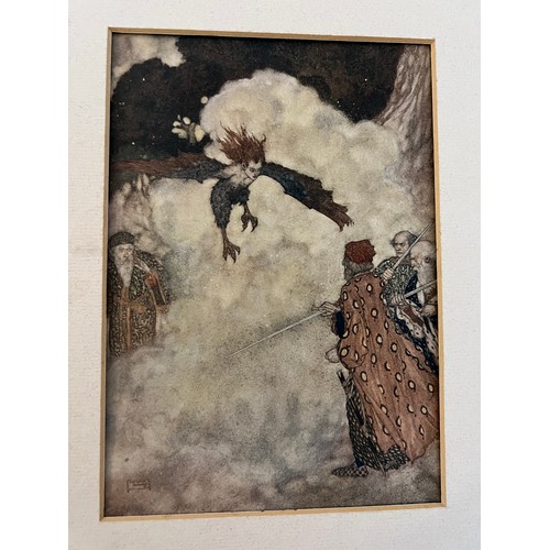 1385 - Three Arthur Rackham prints, one framed Arthur Rackham print, one framed fashion print and a framed ... 