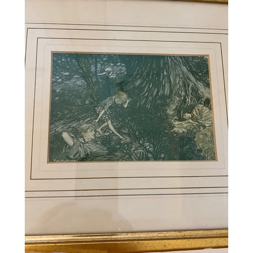 1385 - Three Arthur Rackham prints, one framed Arthur Rackham print, one framed fashion print and a framed ... 