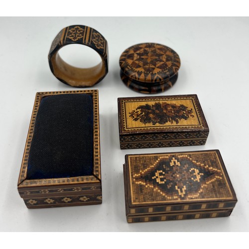 1302 - Tunbridge ware items to include two lidded boxes, 5.5cm x 3cm, pincushion with sliding top, napkin r... 