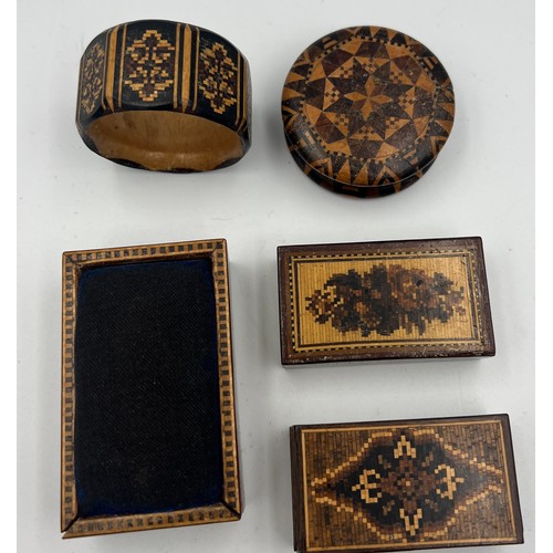 1302 - Tunbridge ware items to include two lidded boxes, 5.5cm x 3cm, pincushion with sliding top, napkin r... 