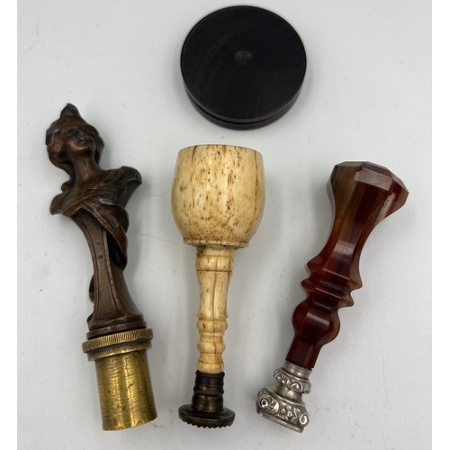 1303 - Three 19thC seals to include spelter and brass Art Nouveau, agate and French silver, a solicitor’s b... 