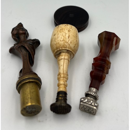 1303 - Three 19thC seals to include spelter and brass Art Nouveau, agate and French silver, a solicitor’s b... 