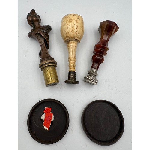 1303 - Three 19thC seals to include spelter and brass Art Nouveau, agate and French silver, a solicitor’s b... 