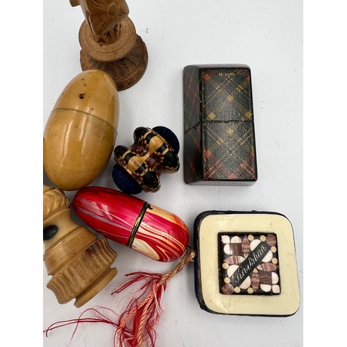 1304 - Nineteenth and early 20thC sewing items to include Tartanware needle case, treen needle case, Art De... 