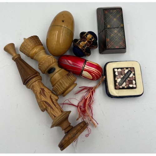 1304 - Nineteenth and early 20thC sewing items to include Tartanware needle case, treen needle case, Art De... 