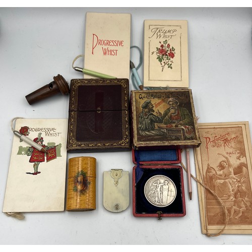 1305 - Miscellany to include tooled red leather card case, rosewood whistle,Mauchline ware ‘go-to-bed’, Fre... 