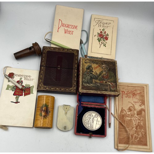 1305 - Miscellany to include tooled red leather card case, rosewood whistle,Mauchline ware ‘go-to-bed’, Fre... 