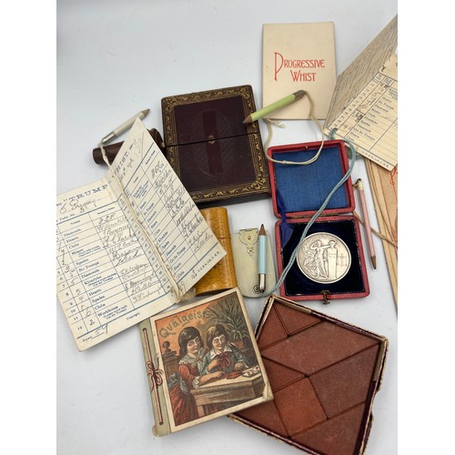 1305 - Miscellany to include tooled red leather card case, rosewood whistle,Mauchline ware ‘go-to-bed’, Fre... 